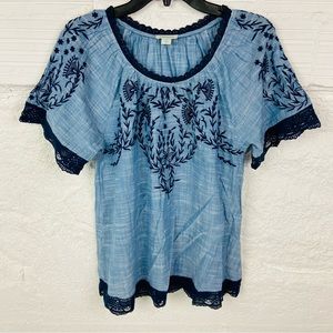 SUNDANCE blue embroidered lace trim boho cotton blouse size small
